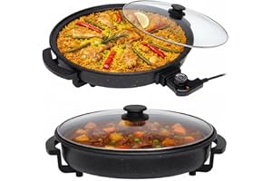 Sogo Sartén Paellera Eléctrica Ø42CM Con Tapa Cristal Reforzado - Multicazuela Antiadherente Para Paellas Y Carnes - Plancha Eléctrica Con Termostato 240ºC - Wok Multifunción Que Ahorra Energía