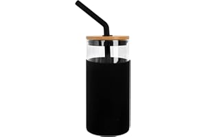 ANOTION Bicchiere in vetro con cannuccia e coperchio, 680 ml, bottiglia d'acqua in vetro con cannuccia tazza da viaggio con protezione in silicone, bicchieri con coperchio in bambù, nero