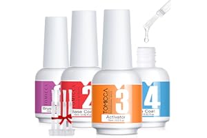 TOMICCA Dipping Powder Liquid Set, 4x15ml Base Coat, Top Coat, Activator, Brush Saver for Dip Powder Nail Kit, No Need Cure, Essential Dip Liquid Set for DIY Nail Art