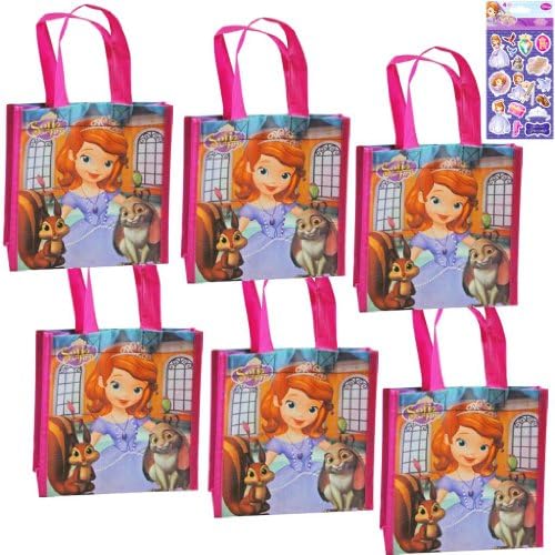 6-Pack Disney Junior Sofia The First Party Supply Reusable Tote Bag Set - 6 Reusable Small Non-Woven Disney Jr. Princess Soifa The First Tote Bags (8 inches x 7.5 inches x 3 inches) PLUS Bonus Princess Sofia Stickers by TopValueSupplies