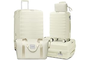 LARVENDER Luggage Sets 5 Piece with Duffel Bag Expandable(Only 28 inch) Hardside PP carry on luggage with 360° Spinner Wheels TSA Lock for Men Women, White