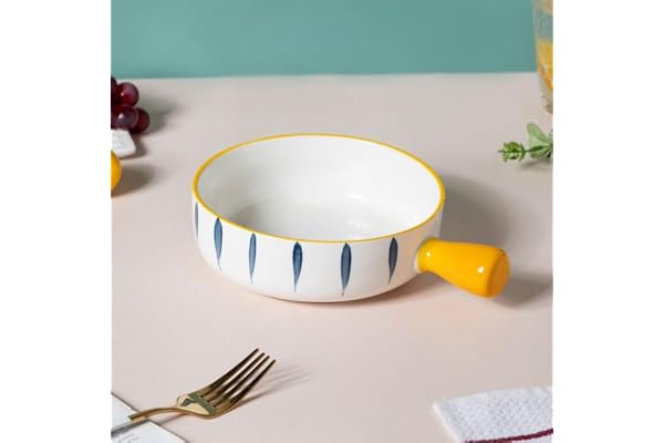Nestasia Ceramic Snack Bowl with Handle White & Blue Serving Bowl with Yellow Handle Microwave & Dishwasher Safe Big Bowl Perfect for Snacks, Noodles, Salads, Soup, Baking (700ml)