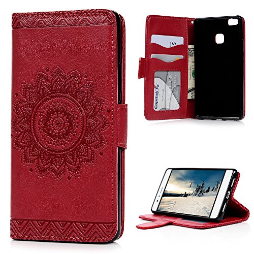 P8 Lite Wallet Case Huawei P8 Lite Flip Hülle YOKIRIN Traumfänger 3D Relief Totem Blume Schutzhülle PU Leder Flipcase Handyhülle Klapptasche Skin mit Kreditkarteninhaber Kippständer Magnetverschluss in Rote