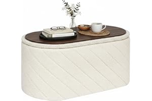 Bonlife Oval Ottoman Storage Bench, Folding Foot Rest with Lid, Boucle End of Bed Bench,Foostool for Living Room,Bedroom,Entryway,White,76x38x38cm