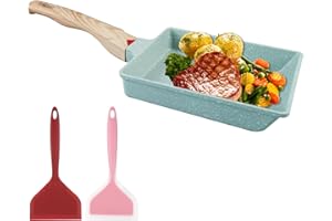 TOATELU Padella per frittata giapponese, Tamagoyaki con spatola in silicone e pennello, antiaderente per omelette giapponesi, per tutti i piani cottura, verde, 16 x 20 cm