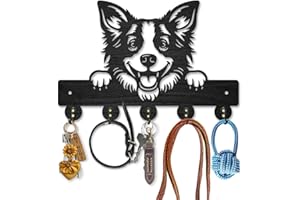 MAYJOYDIY Border Collie Wood Key Holder for Wall Peeking Dog Wall Mounted Key Hooks 30×20cm Coat Hanger Rack with 5 Alloy Hooks for Entryway Front Door Kitchen Office Decoration
