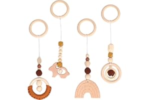 AsyinXson Pack de 4 jouets bébé à partir de 0 mois, arche de jeu bébé en bois dès la naissance pour baby shower et cadeau nouveau-né pour siège bébé poussette siège auto jouet (marron)