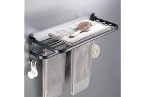 ROSEBEAR 60CM Porte-Serviettes Mural de Salle de Bain, Porte-Serviettes Noir Mat Porte Serviette avec Porte-Serviettes et 2 Bain Crochet, Antirouille
