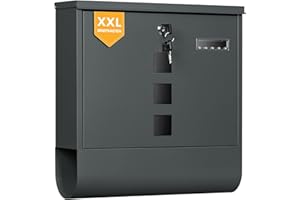 ‎WOLTU WOLTU Briefkasten mit Zeitungsfach Sichtfenstern, Postkasten mit Namensschild personalisiert, Wandbriefkasten abschließbar, inkl. 2 Schlüssel, modern, Anthrazit, 37x37x10,5 cm