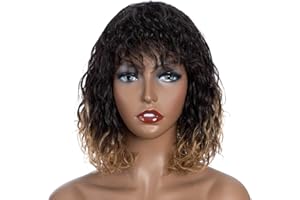 FASHION IDOL Peluca de Cabello Humano Rizado Bob para Mujeres Negras Peluca de Cabello Humano Puro Brasileño de 10 Pulgadas Ondulado Profundo con Flequillo 150% Desidad (oro ombre, 25CM)