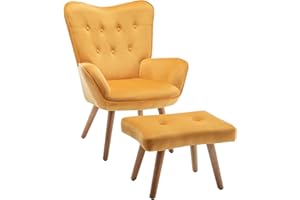 HollyHOME Sessel mit Hocker Sessel Wohnzimmer Relaxsessel Samtstoff, Lesesessel Ohrensessel mit Fußschemel Loungestuhl, Lesestuhl für Schlafzimmer, Gelb