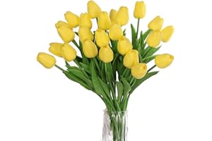 huaao 24pcs Flores Tulipanes Artificiales de látex, Plantas Artificiales Falsos Tacto Realista decoración para hogar, casa, Oficina, Sala, Banquete Boda Nupcial, Fiestas, arreglos Florales, Amarillo