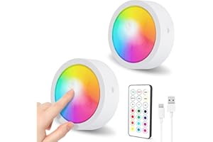 SOAIY Rechargeable Tap Light LED Under Cabinet Lights with Remote Control, Timer, Memory Function, USB-C 1000mAh, 2 Pack - RGB