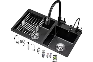 SZKTHD Fregadero De Cocina De Dos Senos Fregadero De Acero Inoxidable Negro Fregadero De Cocina Grifo Extraíble Negro Accesorios Completos(75x40x22cm)