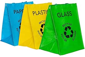 DivCHI Lot de 3 grands sacs de recyclage réutilisables multicolores avec poignées et fixations sécurisées pour séparer vos déchets ménagers et sacs de recyclage pour papier de verre et plastique 53 l