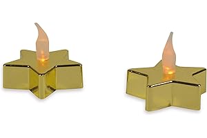 RIFFELMACHER & WEINBERGER Riffelmacher 76368 Lot de 2 bougies chauffe-plat LED en forme d'étoile, dimensions : 5,7 x 4 cm, dorées, avec flamme vacillante en silicone, 1 pile CR2032 (incluse)