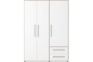 AVANTI TRENDSTORE Fathie - Armadio camera da letto a 3 ante battente e 2 cassetti, all'interno ripiani e un appendiabiti. Colore bianco, bianco/marrone. Dimensioni LAP 145x200x59 cm.