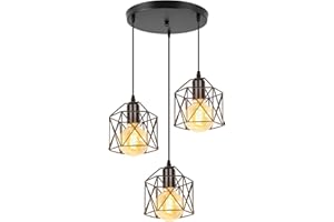 PETITES ECREVISSES Lampadario a Sospensione Vintage 3 Luci Industriale E27 Plafoniera Retro in Metallo gabbia Lampada da soffitto per Cucina Salotto (Nero - con una base rotonda)