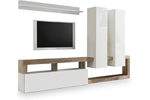 Web Convenienza Parete TV Hamburg Bianco Lucido Attrezzata - Mobile Televisore in Legno con Pensili ad Ante a Ribalta Moderno (2 Pensili, Pero)