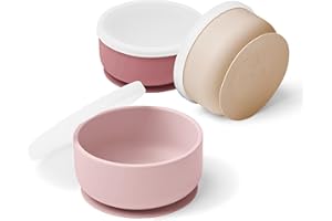 Navik | Ciotola con ventosa per bambini | Ciotola per bambini con coperchio | Ciotola in Silicone con Ventosa per Neonato e Bambino | set pappa svezzamento | Rosa, rosa pallido e beige