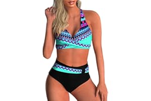 CheChury Damskie tankini, dwuczęściowe bikini push up, styl retro, wysoka talia, moda kąpielowa, strój plażowy, duże piersi, dwuczęściowe stroje kąpielowe, tankini, spodnie, wyszczuplające brzuch,