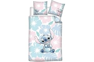 Aymax Stitch Flowers Kinder-Bettwäsche, Wendbarer Bettbezug 135 x 200 cm + Kissenbezug 80 x 80 cm, 52% Baumwolle-48% Polyester