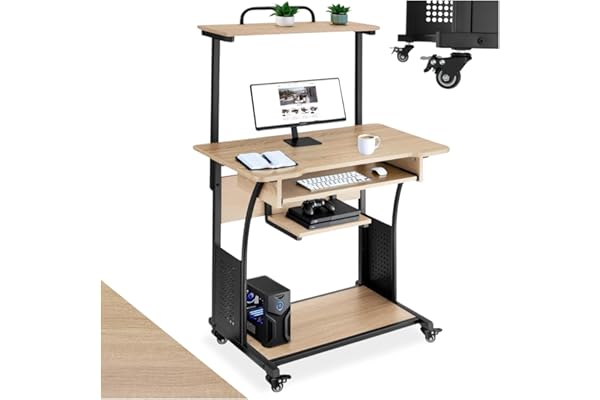tectake® Bureau sur roulettes avec étagères et tiroir à Clavier, 80 x 65,5 x 130,5 cm, Table de Bureau, Bureaux Ordinateur Meuble pc Table de Travail Meuble Ordinateur Desk Teletravail, Bois Clair