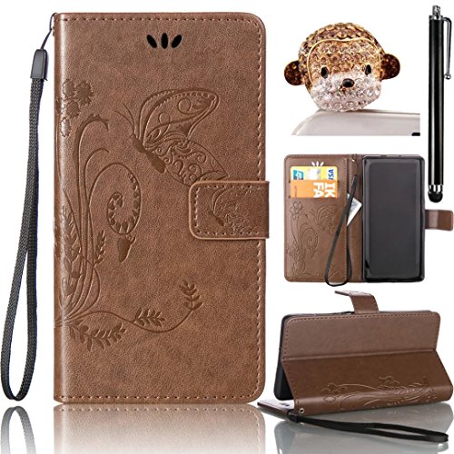 Galaxy S6 Edge Case, PU Leather Case for Samsung Galaxy S6 Edge SM-G925, Bonice Vintage Embossed Butterfly Floral Practical Magnetic Clip Book Style Wallet Purse Case with Card Slot Hand Strap Multifunctional Stand Folio Cover with [Stylus Pen] + [Crystal Cute Monkey Antidust Plug] - Brown