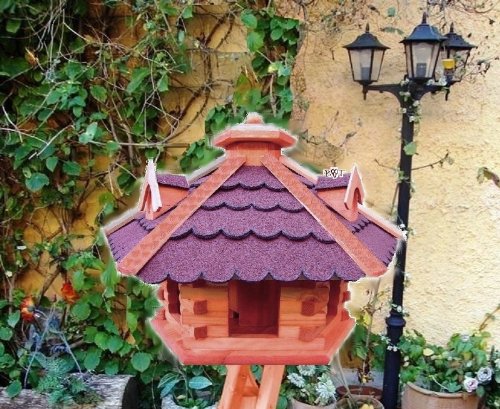 MEGA-XXL Vogelhaus -Holz Nistkästen & Vogelhäuser- Futterhaus aus Holz BG70roMS mit ROT mit Ständer rote Bitumenschindel - 2