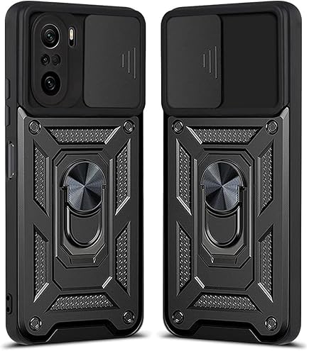 SEEKO Cover Per Xiaomi Poco X4 Pro 5G Con Protezione Fotocamera Scorrevole - Custodia Militare Antiurto Con Anello 360° E Supporto - Nero