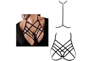 VicSec Women Sexy Harness Strappy Hollow Out Bra, Elastic Cage Bralette Cupless Body Lingerie, Punk Gothic Alluring Adjustable Halter Belt Crop Top Bralet for Ladies Festival Club Party Wear
