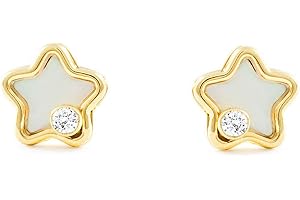 MONDE PETIT Pendientes Oro Bebe o Niña Estrella fondo nacar y circon (9kts) - Estuche Regalo - Certificado de Garantía - Mondepetit