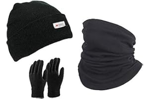 BONNIN Thinsulate Lined Black Beanie Hat Scarf Gloves Set 3M Thermal Lined Winter Gloves Hat+Polar Fleece Neck Gaiter Unisex