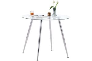 GOLDFAN Round Dining Table 90cm with Tempered Glass Top, Silver Chrome Legs Modern Table, Small Circular Glass Table Kitchen Living Room Furniture