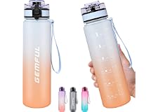 GEMFUL Water Bottle 1L with Time Marker Straw Tritan BPA Free for Fitness Gym and Outdoor Sports