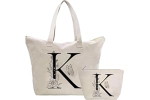 TOOZEN Personalizadas Bolso Tote de Mujer con Inicial, Bolsa de lona con Bolsillo Interior, Bolsa de Compras con Bolso de Cosméticos, Regalos para Damas Mejor Amigas Mamá, Regalo Cumpleaños Navidad K