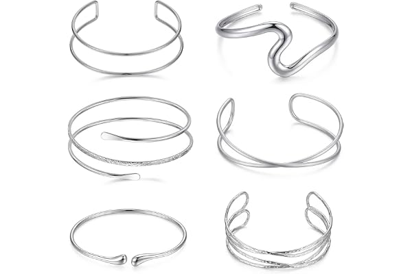 Cobee 6 st silverarmband, 8 cm armband, överarm, justerbara armband, silver, minimalistiskt bohemiskt punk-virvelarmband, grekiskt spolarmband, set, delikat present för flickor