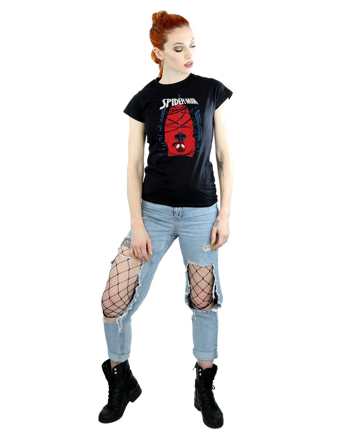 Marvel-Damen-Spider-Man-Hanging-Sketch-T-Shirt-Small-Schwarz