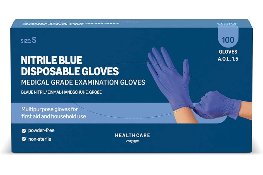 Amazon Basic Care Nitrile Blue Disposable Gloves, Powder-free, Size S, 100 Count (Previously Hevea Brand)