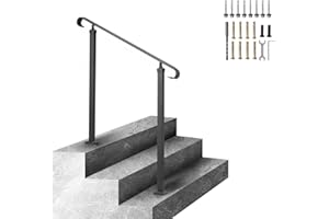 VEVOR Wrought Iron Handrail, Fit 1 or 2 Steps Outdoor Stair Railing, Adjustable Front Porch Hand Rail, Black Transitional Hand railings for Concrete Steps or Wooden Stairs with Installation Kit