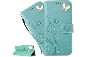 LEMAXELERS Galaxy A20e Hülle,Für Samsung Galaxy A20e Handyhülle Glitzer Diamant Schmetterling Blumen Prägung Flip Case PU Leder Cover Magnet Schutzhülle Handytasche für Samsung Galaxy A20e,GH Green