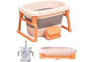 K IKIDO Baignoire Pliable Bébé,Bassin de Bain Antidérapant avec Coussin Confortable,Bouchon de Vidange,Facile à ranger (orange)