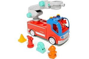 Wanborns Feuerwehrauto für Kleinkinder mit Lichtern und Sirenengeräuschen, Feuerwehrfahrzeug mit drehbarer Rettungsleiter, abnehmbarem Zubehör und Zwei Figuren