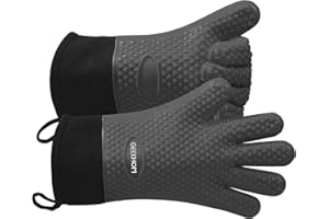 GEEKHOM Silicone Oven Gloves Heat Resistant Silicone Oven Mitts BBQ Gloves Waterproof Kitchen Gloves for Barbecue Grilling Weber Microwave, Non-Slip Oven Gloves with Fingers, Grey