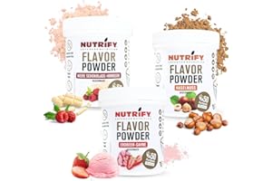 NUTRIFY Flavour Powder 3 x 150 g, proszek smakowy bestsellerowy zestaw 2 – orzech laskowy, truskawkowy śmietana i biała czekolada-malina – idealny do słodzenia, pieczenia i udoskonalania potraw i