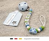 kleinerStorch Baby Schnullerkette mit Wunschnamen – Jungen Motiv Auto blau - 2