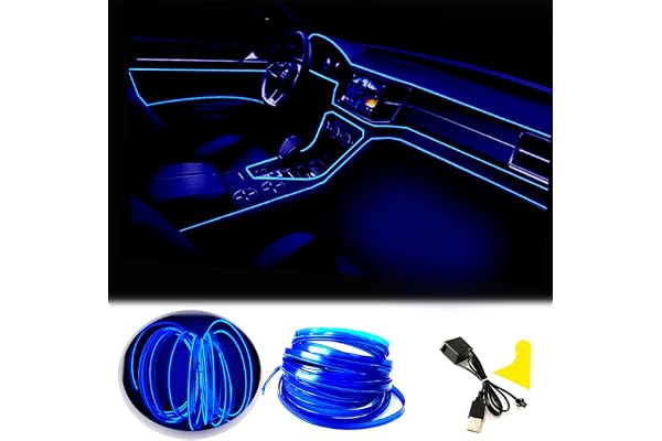 El Wire Bande Lumineuse pour intérieur de Voiture, 5 m de Fil néon USB 5 V avec Protection par fusible pour décoration intérieure de Voiture Automobile avec Bord de Couture de 6 mm (5 mètres, Blue)
