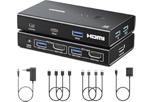 UGREEN Switch KVM HDMI 4K 60Hz 2 Ingressi 1 Uscita con 4 Porte USB A e 1 Tipo C 3.0 per Tastiera Mouse Hard Disk Stampante con 4 Cavi Adattatore di Alimentazione Controllore da Tavolo