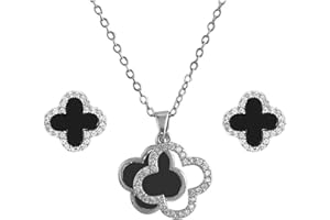 Hanaoops Four-Leaf Clover Jewellery Set for Women Girls Gold Silver Stainless Steel Black Four-Leaf Clover Pendant Necklace Stud Earrings Jewellery Set