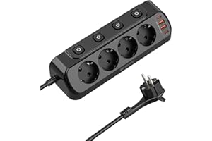 HITRENDS Listwa zasilająca z 4 pojedynczymi przełącznikami, 4-krotne gniazdko narożne, montaż ścienny, z kablem 2 m